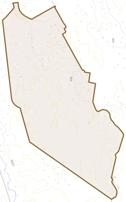 字東岡とその周辺の地図。町の範囲を重ねている