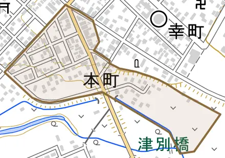 字本町とその周辺の地図。町の範囲を重ねている
