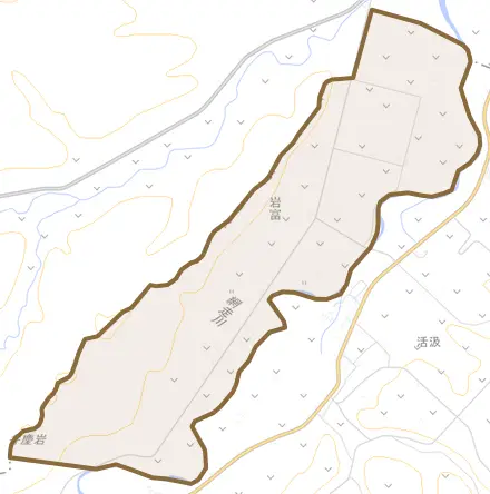 字岩富とその周辺の地図。町の範囲を重ねている