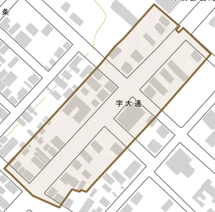 字大通とその周辺の地図。町の範囲を重ねている