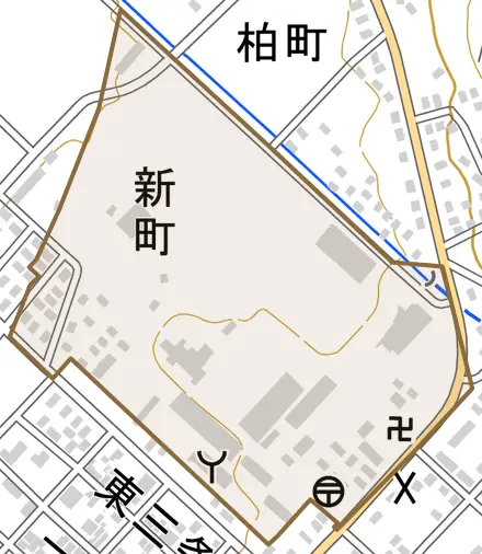 字新町とその周辺の地図。町の範囲を重ねている