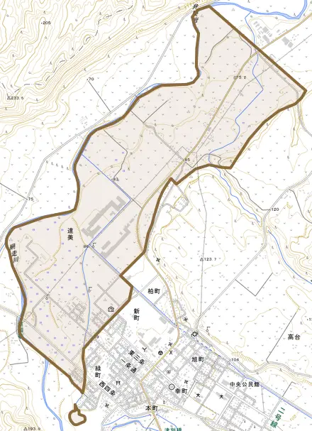字達美とその周辺の地図。町の範囲を重ねている