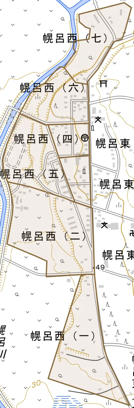 幌呂西とその周辺の地図。町の範囲を重ねている