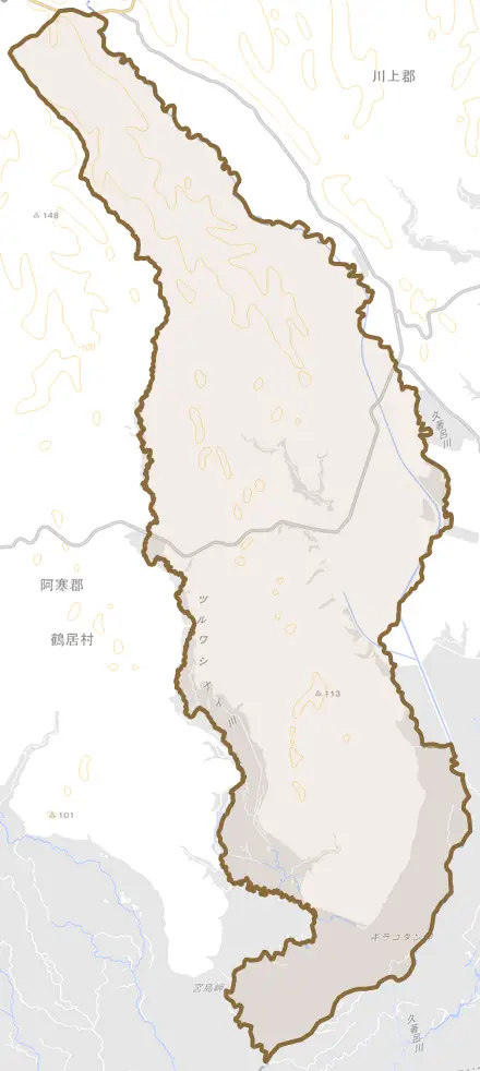 字下久著呂とその周辺の地図。町の範囲を重ねている