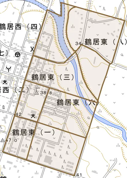 鶴居東とその周辺の地図。町の範囲を重ねている