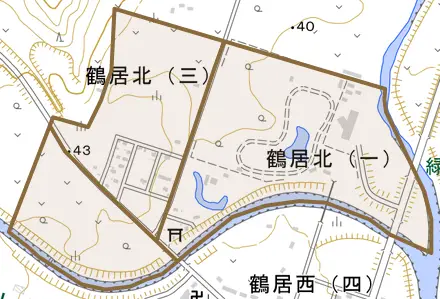 鶴居北とその周辺の地図。町の範囲を重ねている