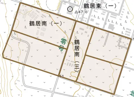 鶴居南とその周辺の地図。町の範囲を重ねている