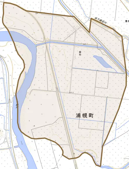 字愛牛とその周辺の地図。町の範囲を重ねている