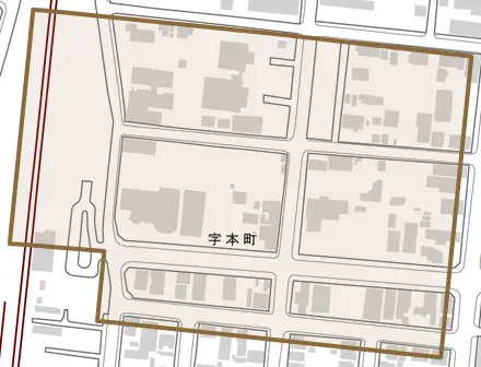 字本町とその周辺の地図。町の範囲を重ねている