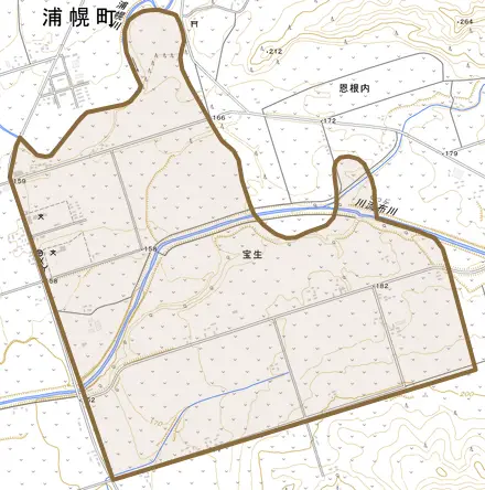字宝生とその周辺の地図。町の範囲を重ねている