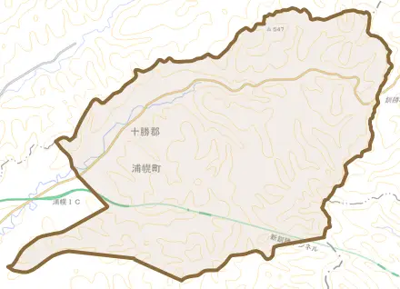 字川上とその周辺の地図。町の範囲を重ねている
