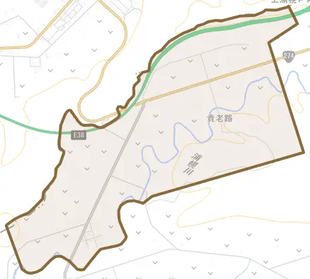 字貴老路とその周辺の地図。町の範囲を重ねている