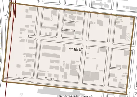 字緑町とその周辺の地図。町の範囲を重ねている