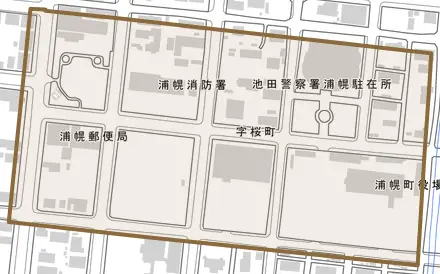 字桜町とその周辺の地図。町の範囲を重ねている