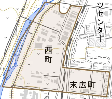 字末広町とその周辺の地図。町の範囲を重ねている