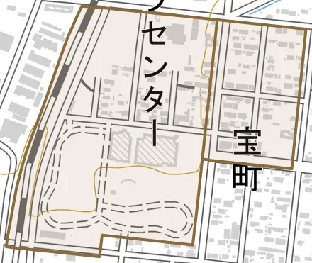 字宝町とその周辺の地図。町の範囲を重ねている