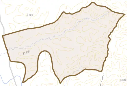 字富川とその周辺の地図。町の範囲を重ねている
