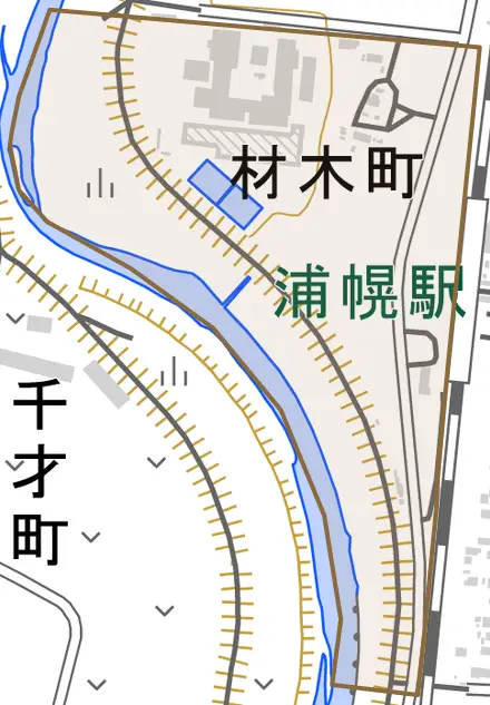 字材木町とその周辺の地図。町の範囲を重ねている