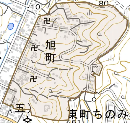 旭町とその周辺の地図。町の範囲を重ねている