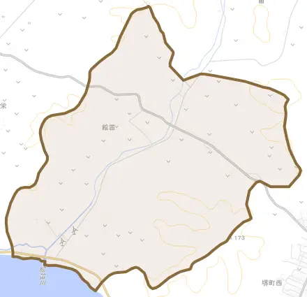 字絵笛とその周辺の地図。町の範囲を重ねている