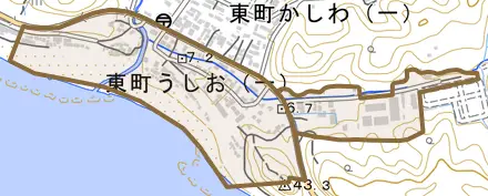 東町うしおとその周辺の地図。町の範囲を重ねている