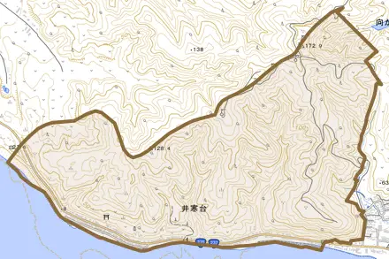 字井寒台とその周辺の地図。町の範囲を重ねている