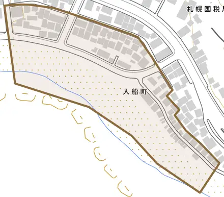 入船町とその周辺の地図。町の範囲を重ねている