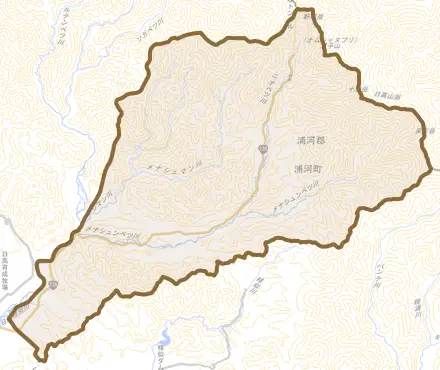 字上杵臼とその周辺の地図。町の範囲を重ねている