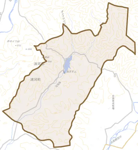 字上向別とその周辺の地図。町の範囲を重ねている