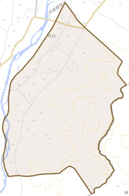 字杵臼とその周辺の地図。町の範囲を重ねている