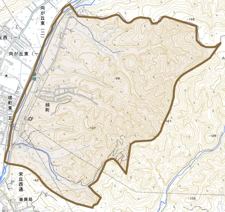 緑町とその周辺の地図。町の範囲を重ねている