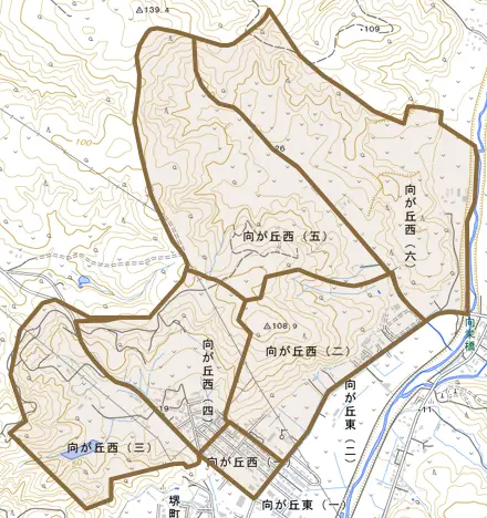 向が丘西とその周辺の地図。町の範囲を重ねている