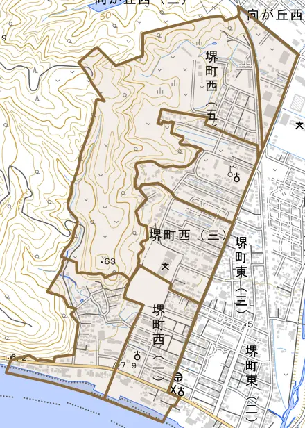 堺町西とその周辺の地図。町の範囲を重ねている