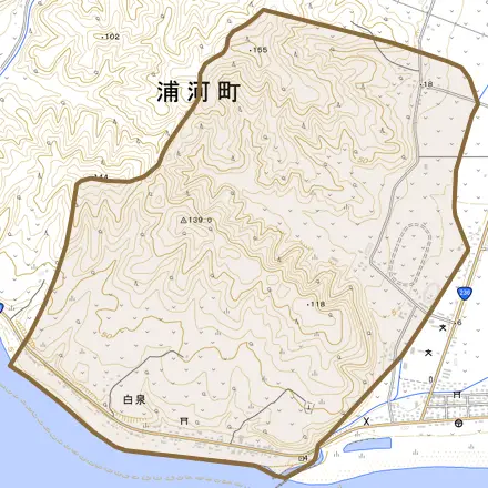 字白泉とその周辺の地図。町の範囲を重ねている
