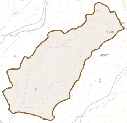 字上絵笛とその周辺の地図。町の範囲を重ねている
