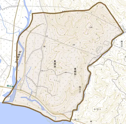 字東幌別とその周辺の地図。町の範囲を重ねている