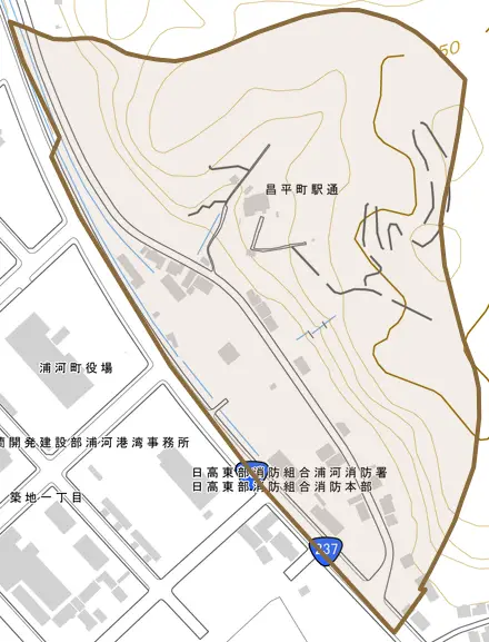 昌平町駅通とその周辺の地図。町の範囲を重ねている