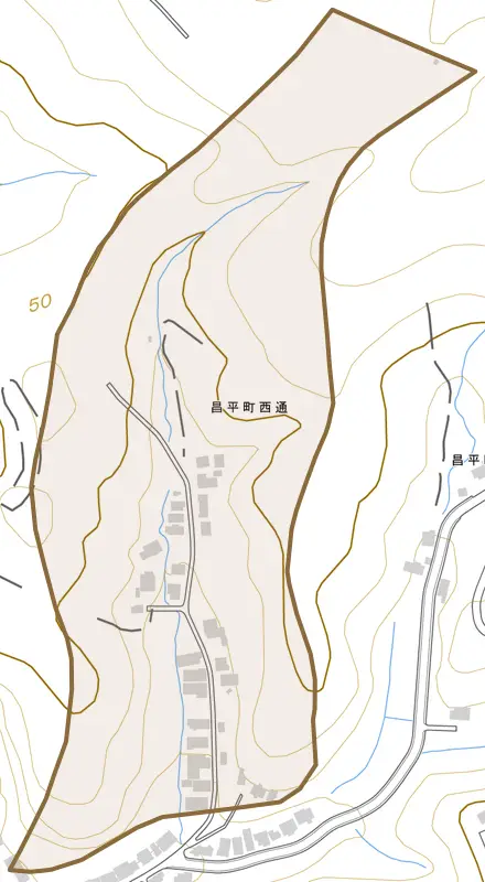 昌平町西通とその周辺の地図。町の範囲を重ねている