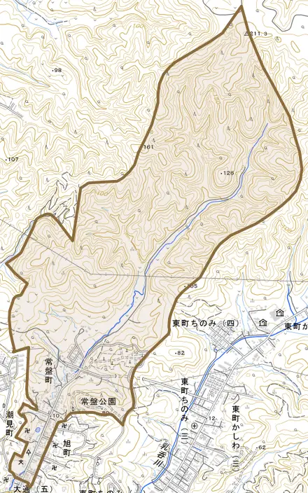 常盤町とその周辺の地図。町の範囲を重ねている