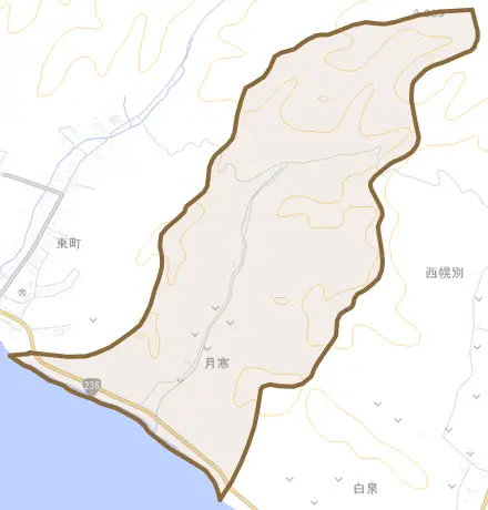 字月寒とその周辺の地図。町の範囲を重ねている