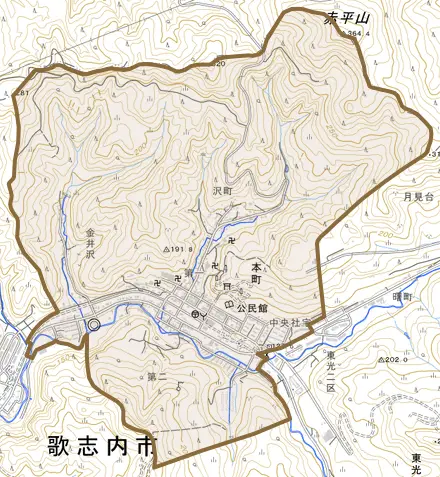 字本町とその周辺の地図。町の範囲を重ねている