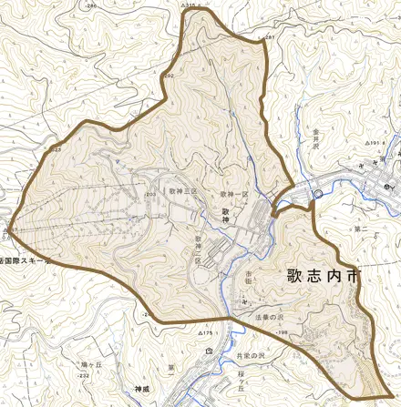 字歌神とその周辺の地図。町の範囲を重ねている