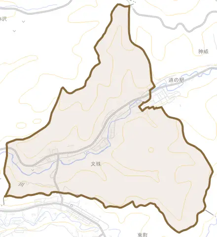 字文珠とその周辺の地図。町の範囲を重ねている