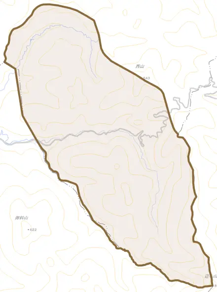 字西山とその周辺の地図。町の範囲を重ねている
