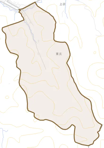 字東光とその周辺の地図。町の範囲を重ねている