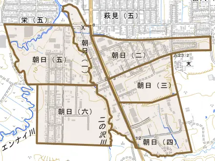 朝日とその周辺の地図。町の範囲を重ねている