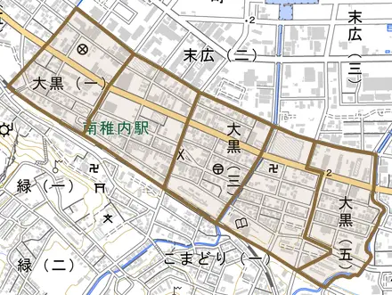 大黒とその周辺の地図。町の範囲を重ねている