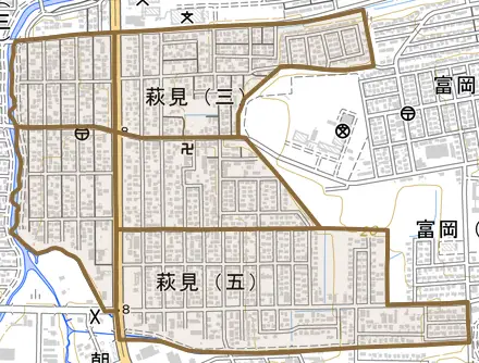 萩見とその周辺の地図。町の範囲を重ねている