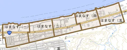 はまなすとその周辺の地図。町の範囲を重ねている
