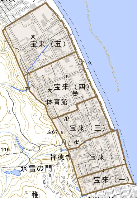 宝来とその周辺の地図。町の範囲を重ねている